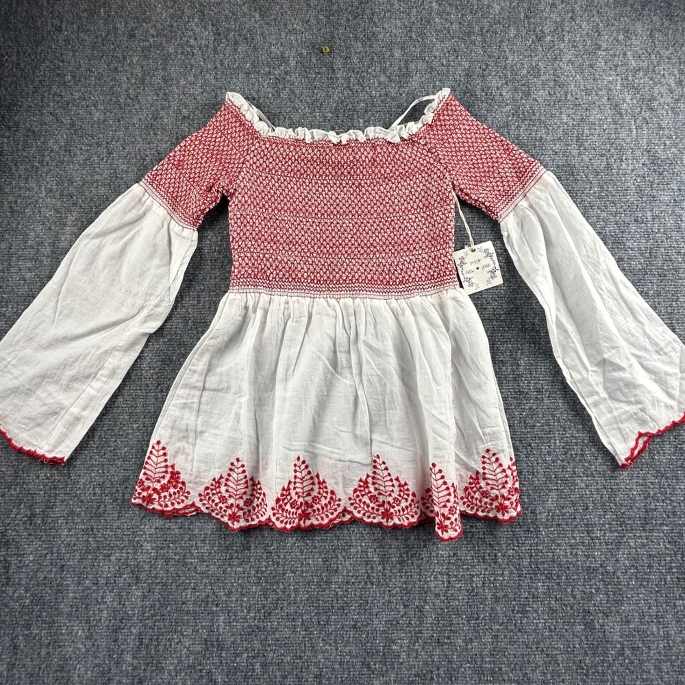Poof New York Smocked Off Shoulder Top White Red Embroidered Bell Sleeve Small